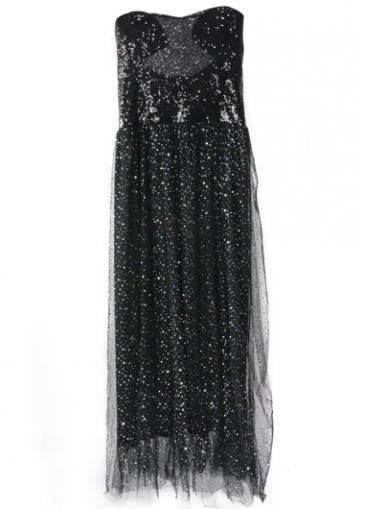Rosewe Sequin Embellished Black Strapless Mesh Splicing Dress