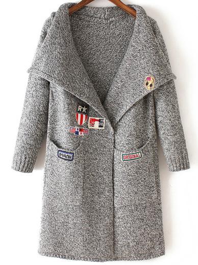 Shein Grey Lapel Embroidered Pockets Knit Sweater