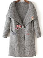 Shein Grey Lapel Embroidered Pockets Knit Sweater