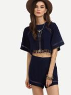 Shein Navy Split Back Tassel Trim Eyelet Top With Shorts