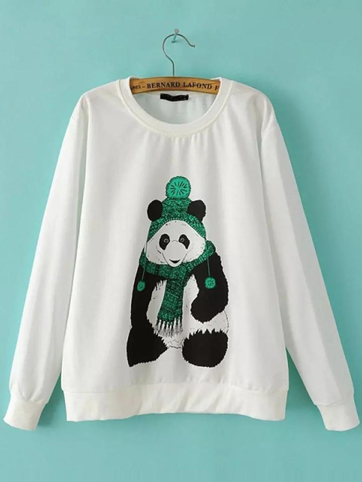 Shein White Panda Print Cute Sweatshirt