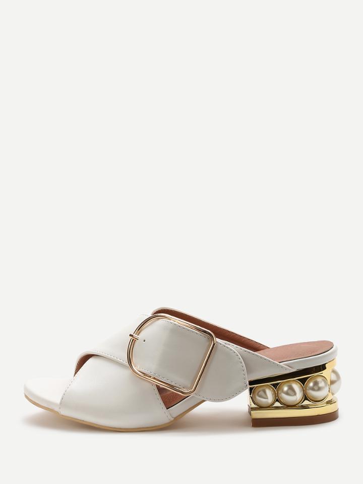Shein White Buckle Pu Chunky Heeled Sandals