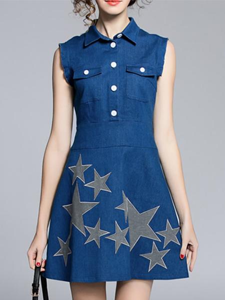 Shein Blue Lapel Star Denim Pockets Dress