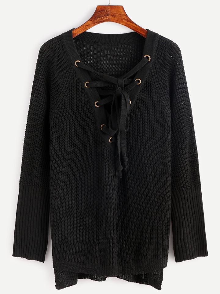 Shein Black Eyelet Lace Up High Low Sweater