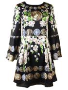 Shein Black Round Neck Bell Sleeve Vintage Print Dress