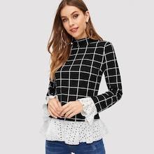 Shein Hollow Cut Ruffle Trim Grid Top