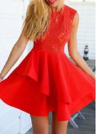 Rosewe Sleeveless Round Neck Layered Lace Splicing Red Dress