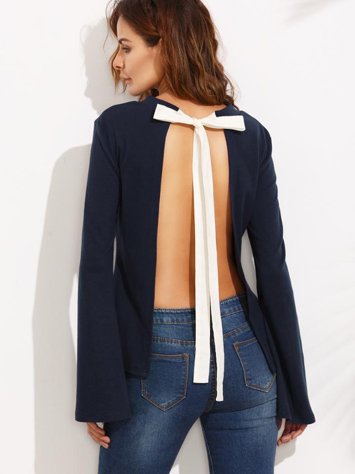 Shein Navy Tie Open Back Long Sleeve Blouse