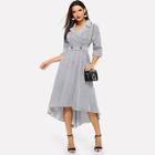 Shein Wrap Front Buttoned Waist Dip Hem Striped Dress