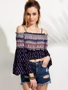 Shein Navy Retro Print Cold Shoulder Bell Sleeve Blouse