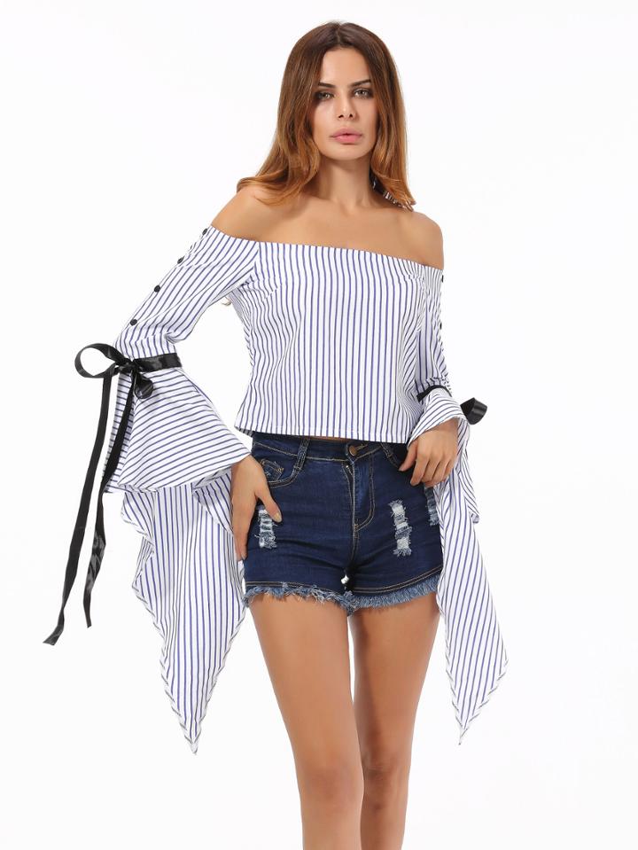 Shein Bardot Striped Ribbon Tie Top With Exaggerated Flute Sleeve