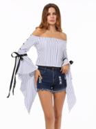 Shein Bardot Striped Ribbon Tie Top With Exaggerated Flute Sleeve