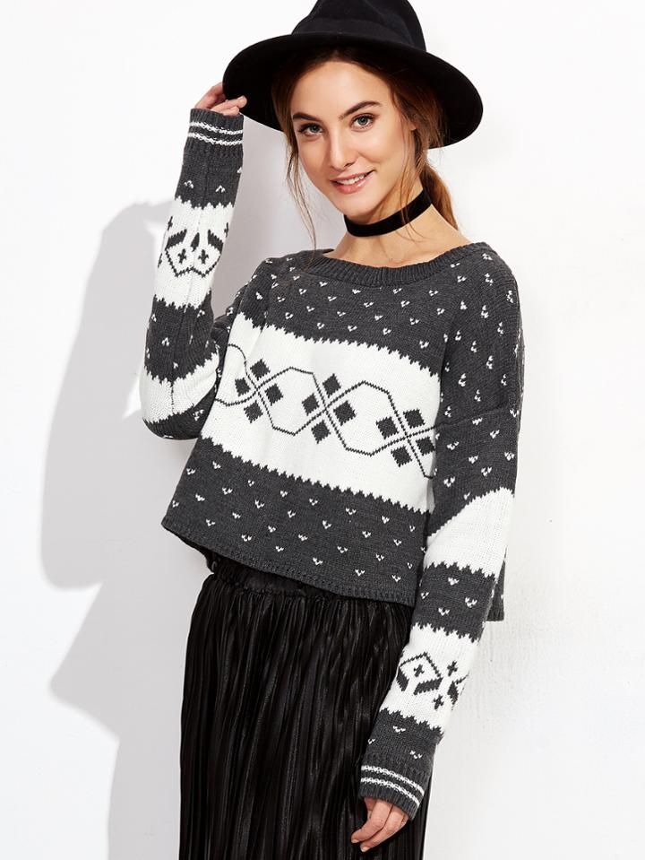 Shein Grey Geo Pattern Drop Shoulder Crop Sweater