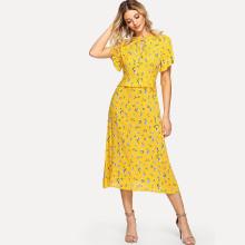 Shein Flounce Sleeve Ruffle Trim Floral Print Dress