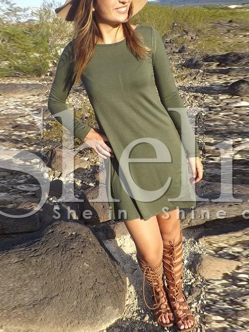 Shein Army Green Long Sleeve Designers Casual Dress