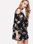 Shein Self Tie Shoulder Layered Trumpet Sleeve Floral Dress