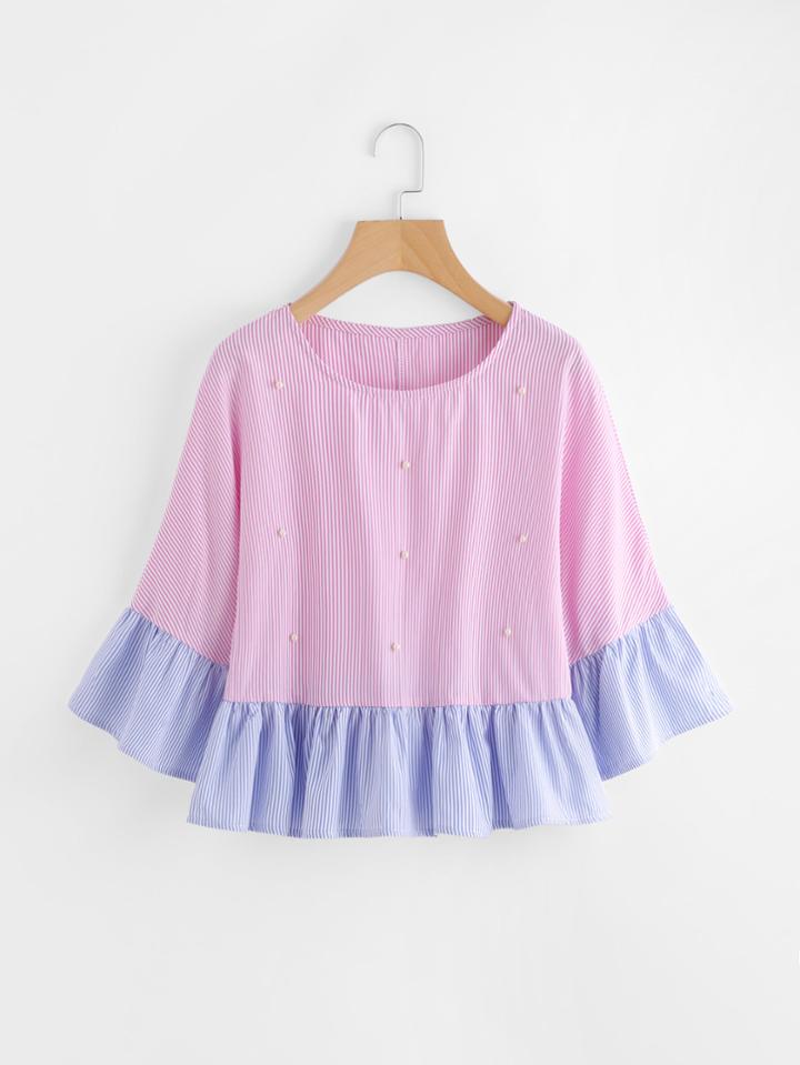 Shein Contrast Frill Trim Vertical Striped Beading Blouse
