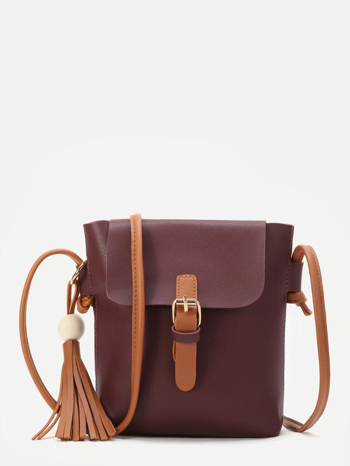 Shein Burgundy Buckle Pu Shoulder Bag With Contrast Strap