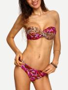 Shein Mixed Leopard Print Bandeau Bikini Set - Red