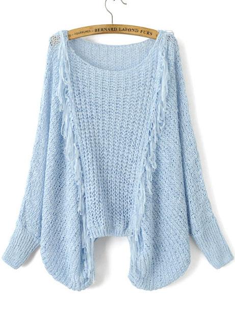 Shein Blue Hollow Out Fringe Detail Batwing Sleeve Sweater