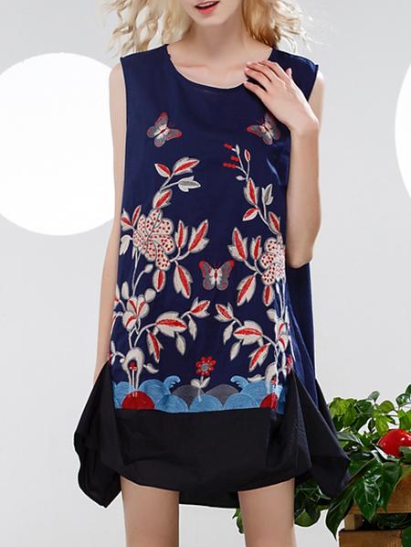 Shein Navy Crew Neck Embroidered Asymmetric Dress