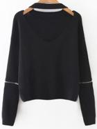 Shein Black Choker V Neck Zipper Sleeve Sweater