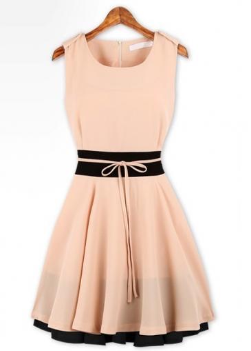 Rosewe Sweet Sleeveless Scoop Neck Belted Tank Chiffon Dress