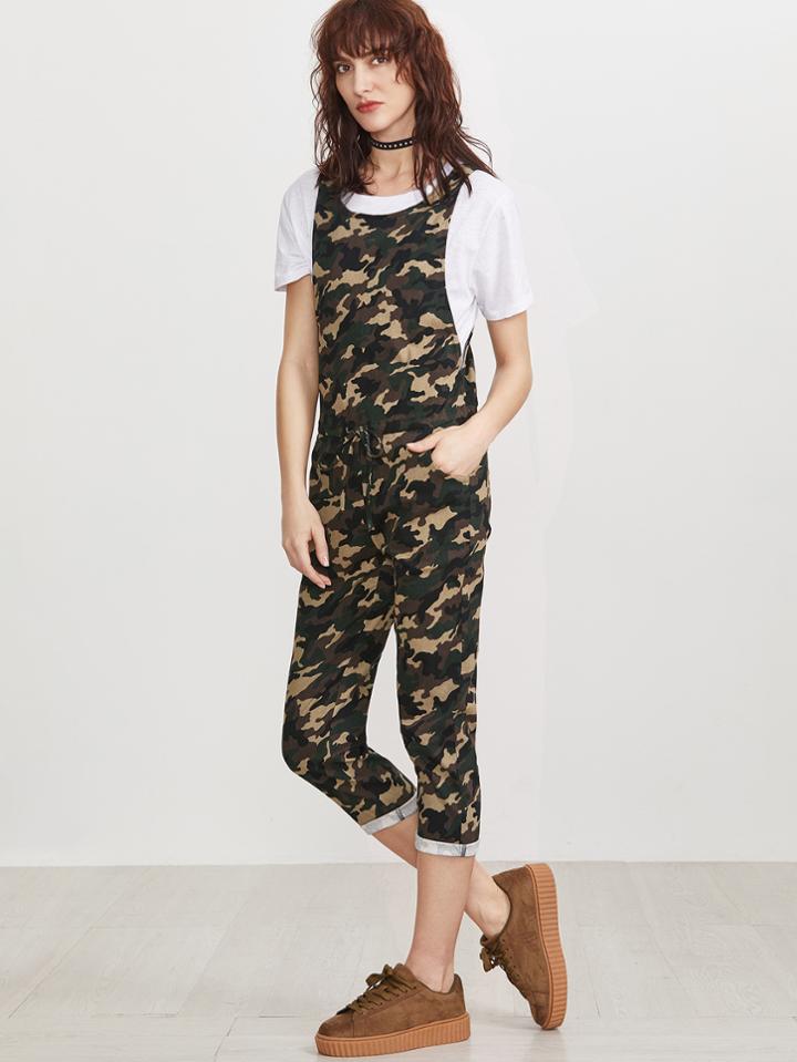 Shein Camo Print Drop Tank Top Drawstring Waist Overall