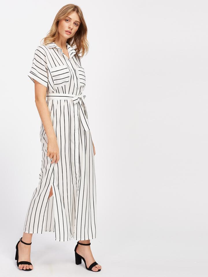 Shein Vertical Striped Slit Side Self Tie Shirt Dress
