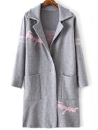 Shein Grey Letter Print Shawl Collar Pocket Long Sweater Coat