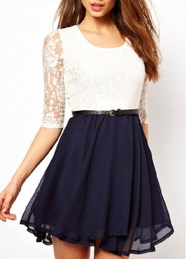 Rosewe Gorgeous Half Sleeve Color Block A Line Dress