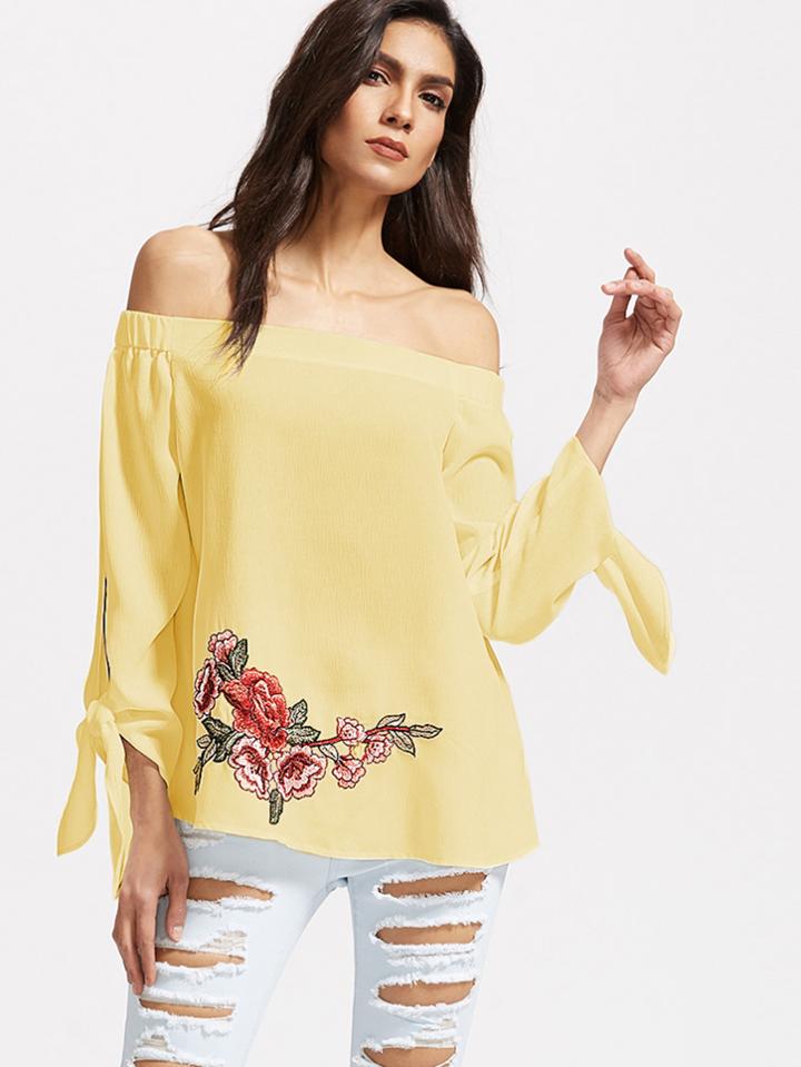 Shein Elastic Neckline Tie Sleeve Embroidered Rose Applique Top