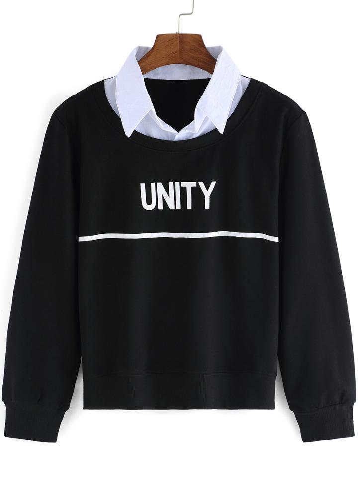 Shein Black Contrast Collar Letters Print Crop Sweatshirt