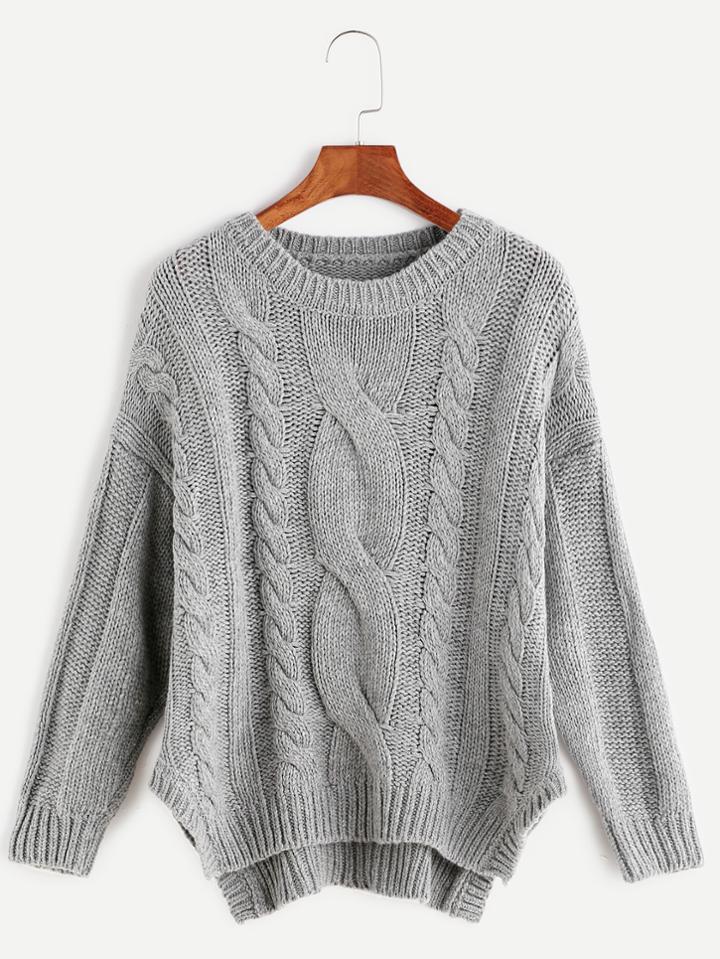Shein Grey Drop Shoulder Asymmetric Cable Knit Sweater
