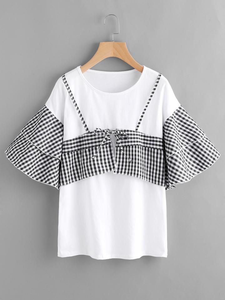 Shein Contrast Gingham Tiered Bell Sleeve 2 In 1 Tee