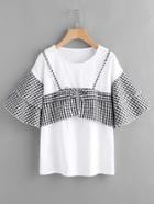 Shein Contrast Gingham Tiered Bell Sleeve 2 In 1 Tee