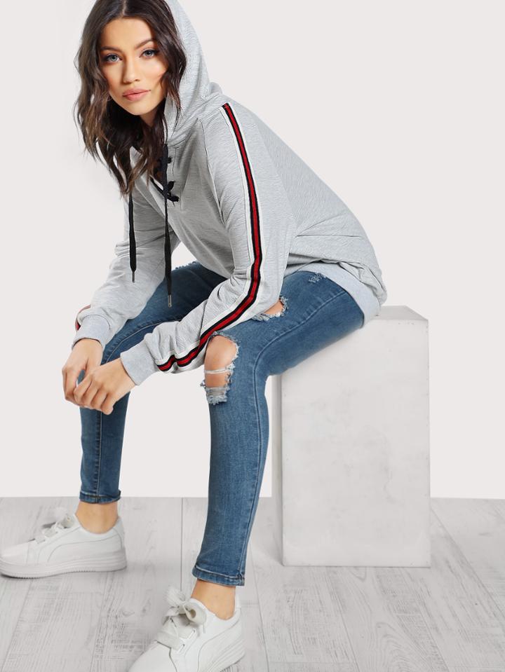 Shein Lace Up Front Striped Sleeve Hoodie