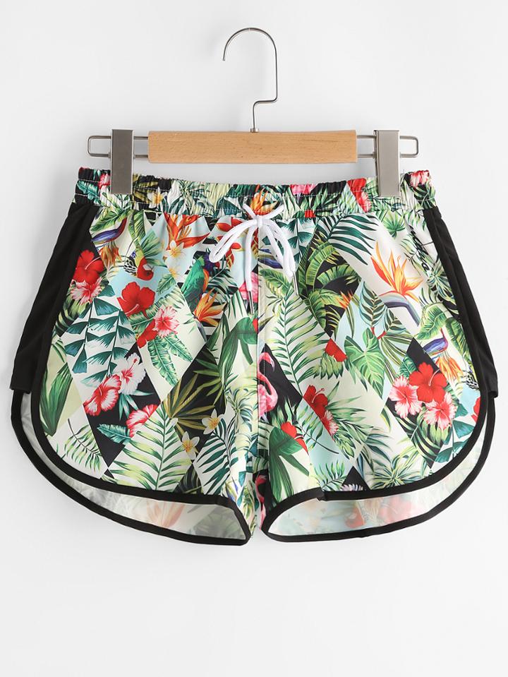 Shein Floral Print Dolphin Hem Drawstring Sports Shorts