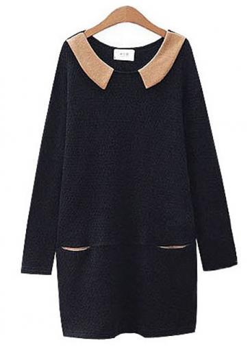 Rosewe Brief Turndown Collar Long Sleeve Black Straight Dress