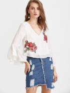 Shein White V Neck Embroidered Patch Drape Back Blouse