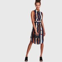 Shein Striped Curved Hem Shirt Dress With Tie Belt