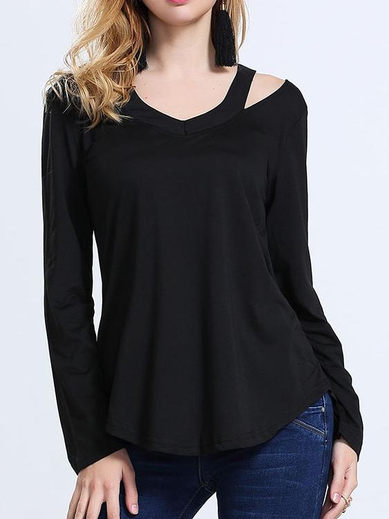 Shein Black V Neck Cold Shoulder Loose T-shirt
