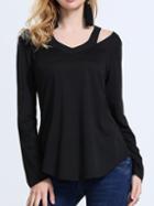 Shein Black V Neck Cold Shoulder Loose T-shirt
