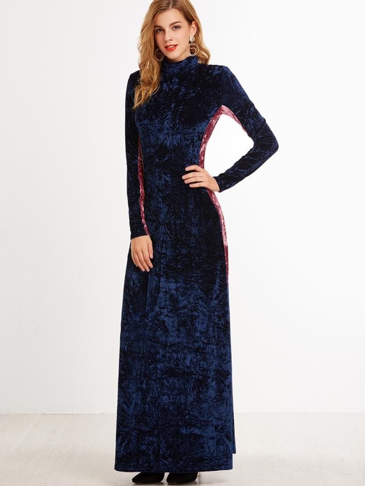 Shein Navy Contrast Panel Mock Neck Crushed Velvet Maxi Dress