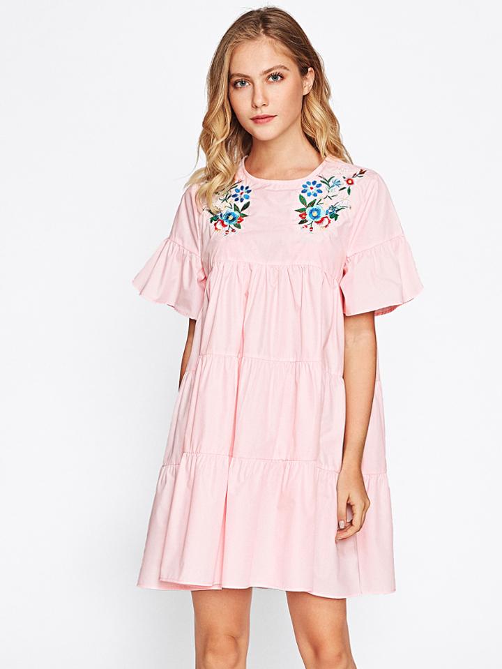Shein Flower Embroidered Trumpet Sleeve Tiered Dress