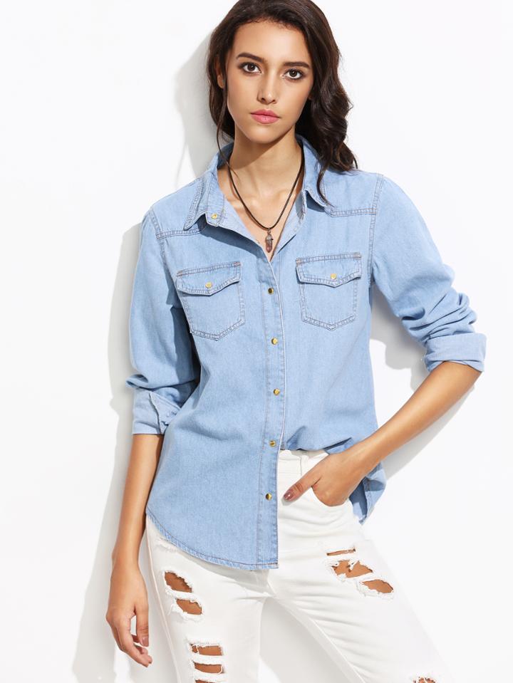 Shein Blue Lapel Pockets Denim Shirt