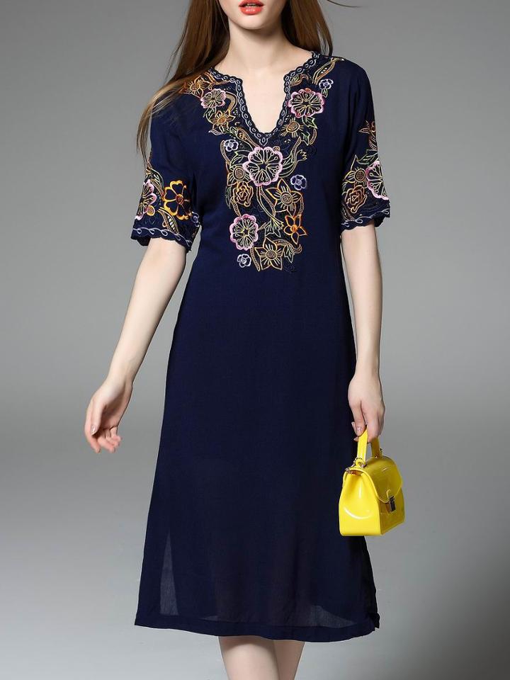Shein Navy V Neck Split Embroidered Dress