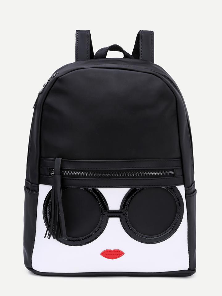 Shein Black Contrast Patch Stitch Detail Zip Pocket Backpack