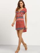 Shein Zip Front Tribal Print High-low Dress