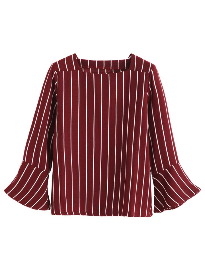 Shein Burgundy Vertical Striped Bell Sleeve Blouse